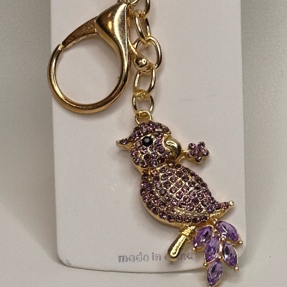 BAG CHARM Charming Gold and Purple Parrot Keychain